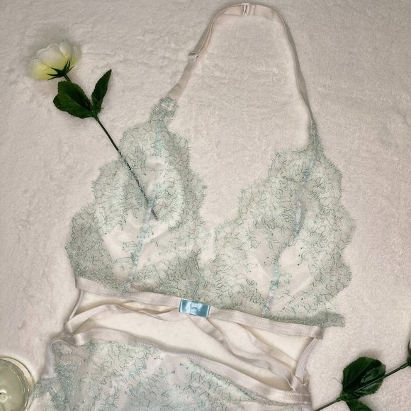 Victoria's Secret White And Light Blue Halter Neck Lace Teddy Lingerie - Picture 3 of 8